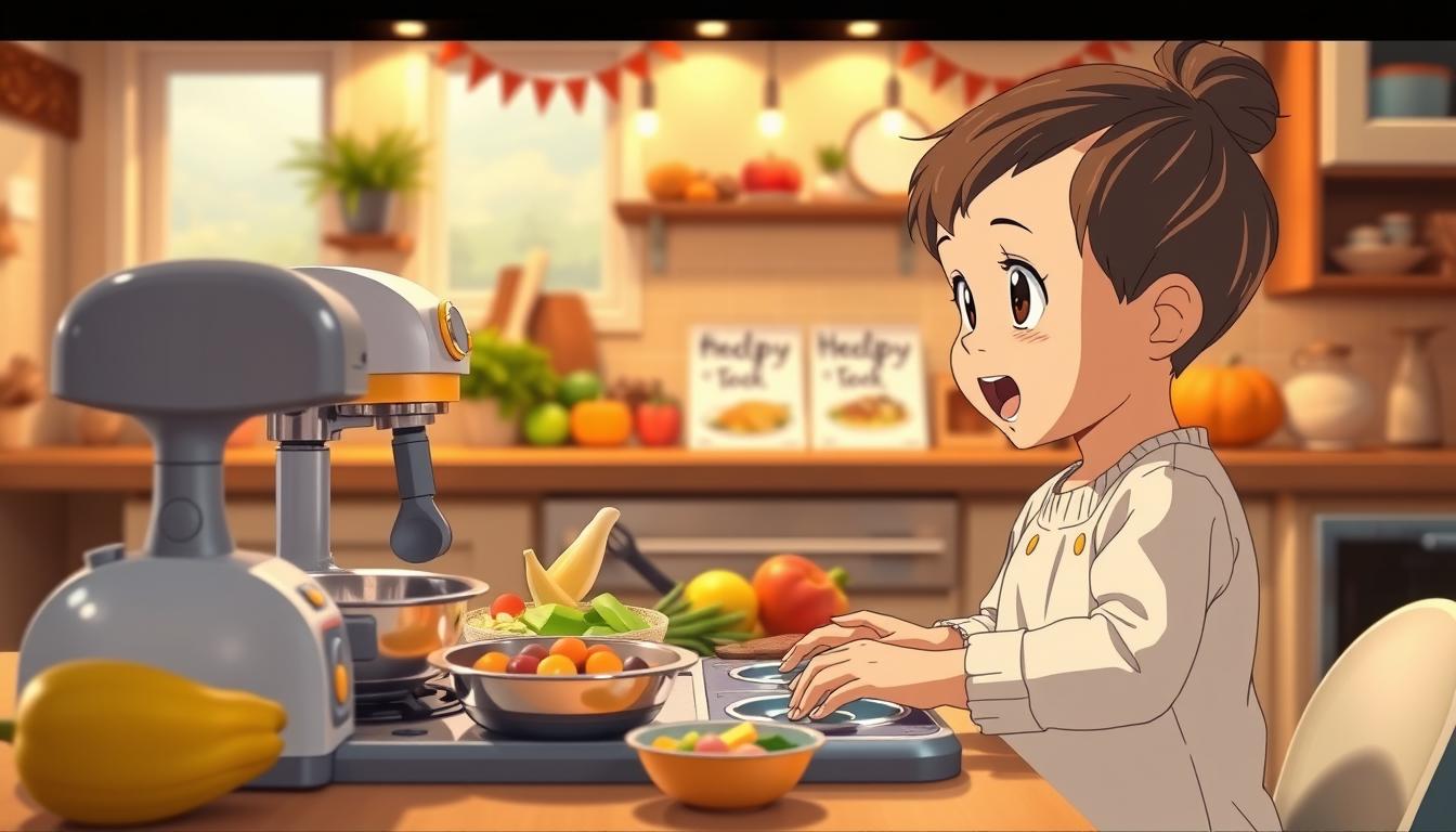 A cozy kitchen setting with warm lighting, showcasing the educational and developmental benefits of the Baby Taylor toy cooking set. In the foreground, a young child enthusiastically engaging with the realistic cooking appliances and utensils, their face filled with wonder and excitement. In the middle ground, various healthy ingredients and recipe books are neatly arranged, suggesting the learning opportunities for nutrition and culinary skills. The background features a cheerful, family-friendly atmosphere, with hints of seasonal decor, inviting the viewer to imagine the joyful Thanksgiving meal preparation. The overall scene conveys the value of early hands-on learning and the bonding experience of cooking together.