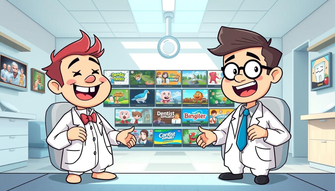 A whimsical and detailed comparison of dental-themed video games, presented in a clean, illustrated style. The foreground showcases two contrasting games - the wacky &quot;Crazy Dentist Wojak&quot; and a more conventional &quot;Dentist Simulator&quot; - with their distinct visual styles and gameplay elements. The middle ground features a range of other dental-themed titles, each with unique art directions and themes. The background suggests a modern, sleek dental office setting, lending an air of professionalism to the scene. Bright, natural lighting illuminates the games, creating a warm and inviting atmosphere. The overall composition should convey a sense of playfulness and creativity within the dental healthcare domain.