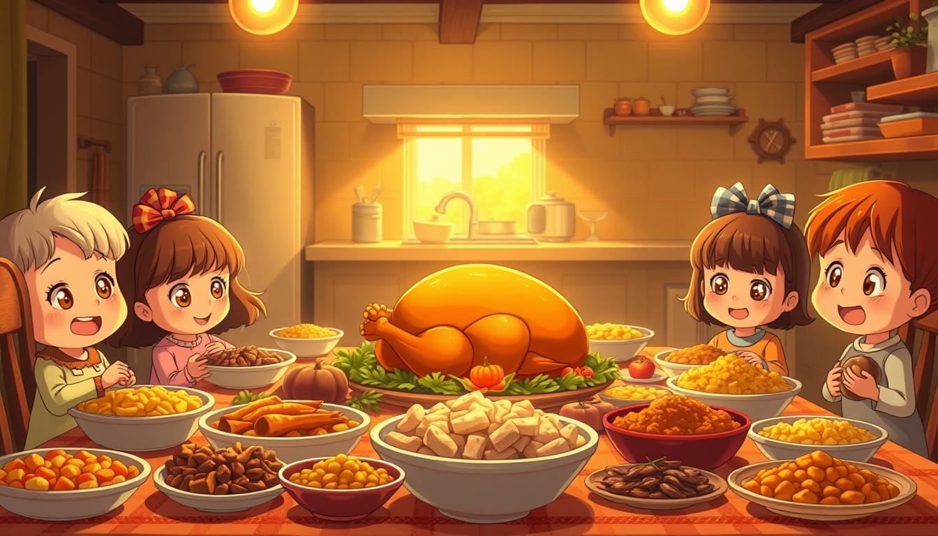 A cozy Thanksgiving scene in the whimsical world of Baby Taylor's game. Warm, golden lighting illuminates a richly-laid table, overflowing with traditional holiday fare - a plump, roasted turkey, bowls of savory stuffing, and an array of vibrant side dishes. Baby Taylor and her friends gather around, faces alight with joy and anticipation. The kitchen in the background is a flurry of activity, as tiny hands prepare classic Thanksgiving recipes. A sense of homey comfort and timeless tradition pervades the scene, inviting the viewer to join in the festivities.