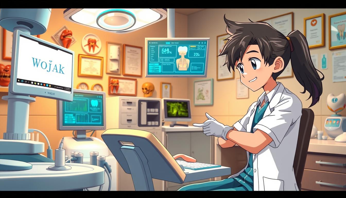A dental clinic interior with a Wojak dentist character performing various dental procedures. The scene depicts the dentist using modern dental tools and equipment, such as a dental chair, x-ray machine, and computer monitor displaying patient records. The dentist is wearing a white lab coat and medical scrubs, with a focused expression on their face. The background features dental decor, including anatomical models, diplomas, and medical posters. The lighting is warm and inviting, with a hint of clinical cleanliness. The overall tone conveys a sense of professionalism and care, reflecting the high-quality dental services provided in the game.