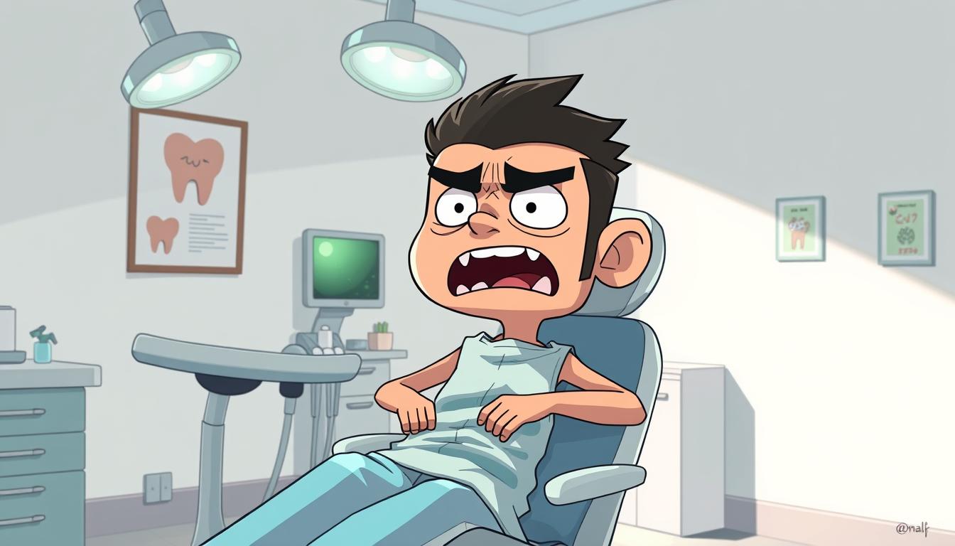 A quirky, cartoon-style illustration of the Wojak character in a dentist's office setting. The Wojak figure, with its distinctive distressed face and oversized head, sits uncomfortably in the dentist's chair, surrounded by dental equipment and tools. The background features a minimalist dental clinic environment, with clean, white walls and a few medical posters or charts. The lighting is bright and clinical, casting sharp shadows and highlighting the Wojak's anxious expression. The composition emphasizes the Wojak's unease and vulnerability in the unfamiliar medical setting, capturing the character's transformation within the &quot;Crazy Dentist&quot; game world.