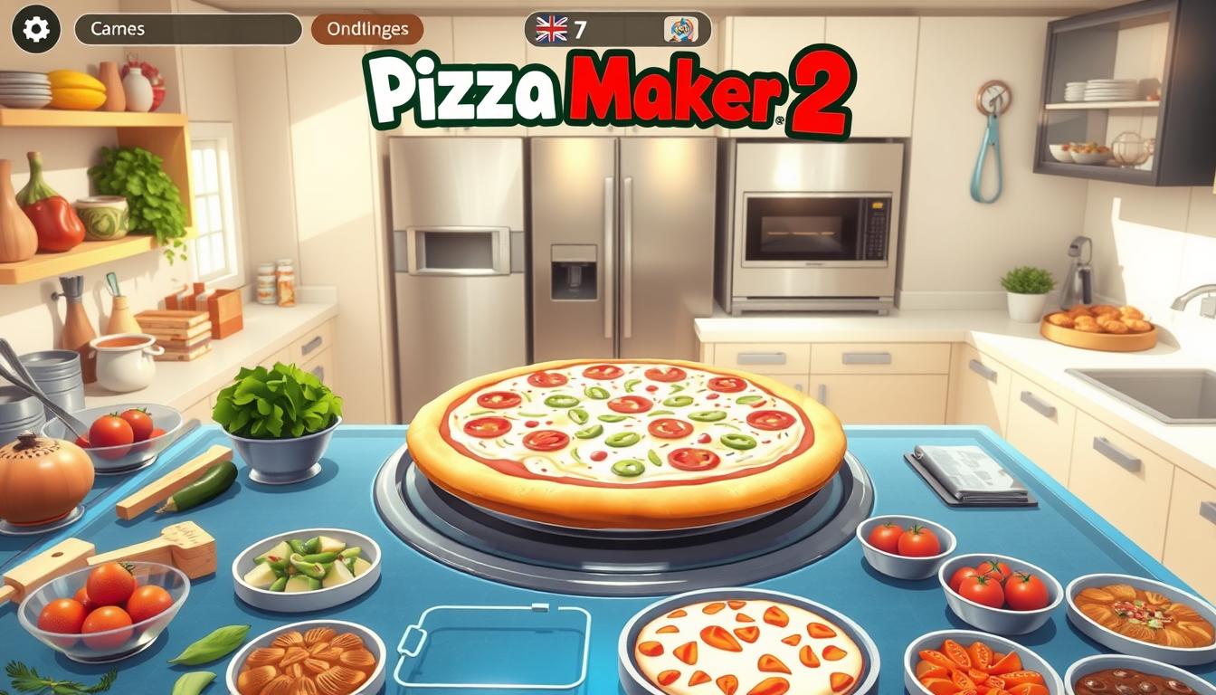 A vibrant, high-resolution image of a digital interface for the game &quot;Pizza Maker 2&quot;. The screen displays an interactive kitchen environment with various tools and ingredients, allowing the player to craft and customize their own pizzas. The foreground features an array of fresh produce, dough, and toppings ready for selection, while the middle ground showcases a large, spinning pizza base on which the player can assemble their creation. The background depicts a modern, minimalist kitchen setting with stainless steel appliances and clean, organized countertops. The lighting is bright and natural, casting warm tones and highlighting the textures and details of the virtual kitchen. The overall atmosphere conveys a sense of culinary creativity, interactivity, and the joy of making one's own personalized pizza.