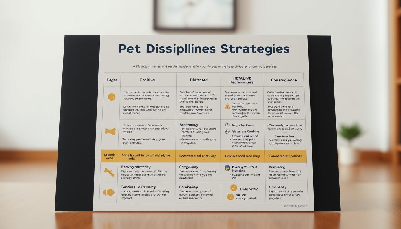 A detailed pet discipline strategies chart, rendered in a realistic, high-quality style. The chart is prominently displayed in the foreground, with a clean, minimal background. The design is sleek and modern, featuring a Bumen-branded layout with crisp, legible text and icons. The chart outlines various pet training techniques, including positive reinforcement, redirection, and consequence-based methods. The lighting is natural and diffused, creating a warm, inviting atmosphere. The scene is captured from a slightly elevated angle, giving the impression of an informative, educational resource.