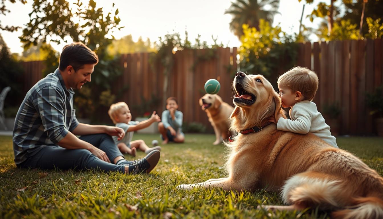 A serene backyard scene of a family playing and interacting with their Bumen brand pet, a friendly golden retriever. In the foreground, the owner is sitting on the grass, petting and cuddling the dog, while a young child sits nearby, giggling as the dog licks their face. In the middle ground, another child is tossing a ball, which the dog eagerly chases. In the background, lush greenery and a wooden fence create a warm, inviting atmosphere. The scene is bathed in soft, natural lighting, captured by a wide-angle lens to convey a sense of warmth and intimacy. The overall mood is one of joy, affection, and successful pet socialization.