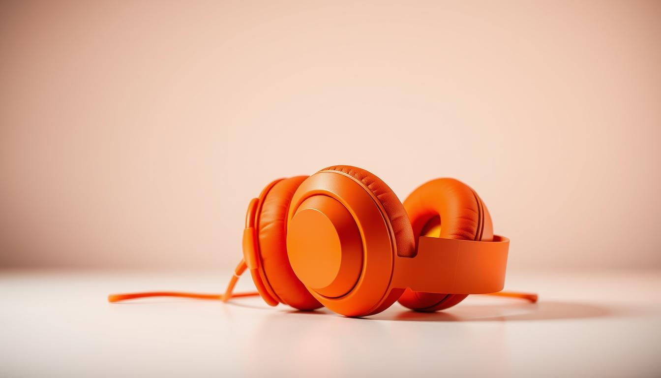 Elegant orange headphones gracefully resting on a clean, minimalist desk. The headband and earcups crafted with premium materials, exuding a sleek, modern aesthetic. Soft, plush cushions envelop the ears, providing exceptional comfort for long listening sessions. Warm, directional lighting accentuates the smooth curves and matte finish, creating a sense of luxury and attention to detail. The headphones are positioned to showcase their striking design, inviting the viewer to imagine the immersive audio experience they deliver. A serene, focused atmosphere pervades the scene, highlighting the delicate balance of form and function.