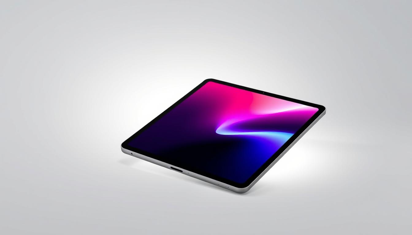 A sleek and modern iPad mini with a captivating OLED display, showcased against a minimalist white background. The device is positioned in a 3/4 view, highlighting its thin profile and elegant design. The screen emits a soft, vibrant glow, revealing the rich, deep blacks and vivid, saturated colors inherent to OLED technology. Subtle shadows and highlights accentuate the iPad's form, creating a sense of depth and dimensionality. The lighting is clean and directional, casting a subtle, natural illumination that emphasizes the device's premium materials and craftsmanship. The overall mood is one of sophistication, innovation, and the promise of an exceptional visual experience.