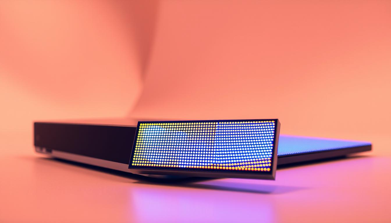 A detailed, high-quality OLED display panel showcasing its advanced technology. In the foreground, a close-up view of the display's intricate pixel structure, with each OLED subpixel emitting a vibrant, self-illuminating light. The middle ground features a sleek, minimalist product design, highlighting the display's slim profile and seamless integration. The background provides a clean, neutral environment, allowing the display's technical excellence to shine through. Warm, directional lighting illuminates the scene, emphasizing the display's vivid color accuracy and deep, infinite black levels. The overall composition conveys the cutting-edge advancements and premium quality of OLED display technology.