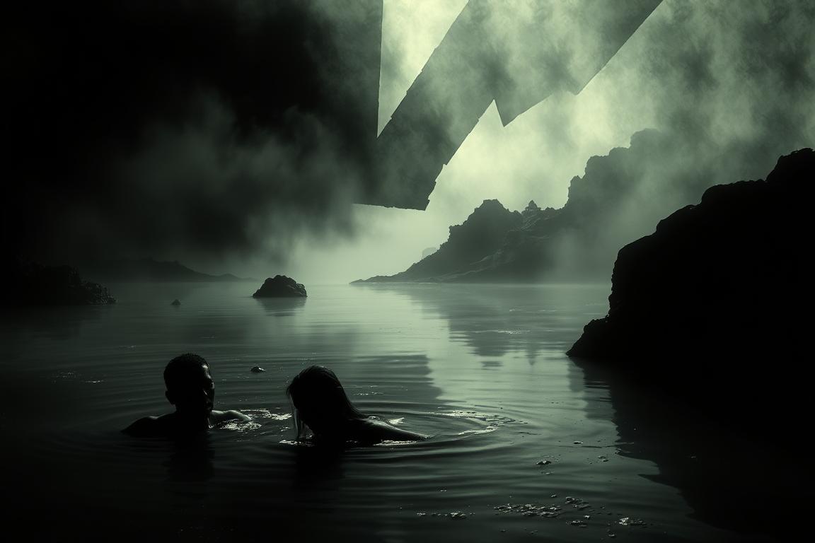 A darkened, surreal dreamscape with murky, stagnant waters reflecting a troubled psyche. In the foreground, shadowy figures appear to be submerged, their expressions twisted in anguish. The middle ground features a fractured, distorted landscape, hinting at the fragmented nature of the dreamer's subconscious. The background is shrouded in a thick, oppressive mist, creating a sense of unease and uncertainty. Dramatic chiaroscuro lighting casts dramatic shadows, emphasizing the psychological weight of the scene. The overall composition and tonality convey a deep, unsettling interpretation of a dream involving dirty water.