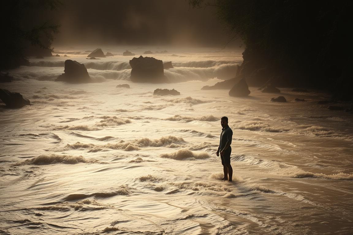 Sonhar com água suja: a turbulent, murky stream cascading through a gloomy, overgrown landscape. In the foreground, a lone figure stands ankle-deep in the polluted water, their expression a mix of concern and contemplation. Shadows loom in the background, hinting at the hidden depths and potential for transformation. Warm, diffused lighting casts an ethereal glow, creating an atmosphere of unease and introspection. The scene evokes a sense of unease, prompting the viewer to ponder the symbolic meaning of dreaming about dirty water - is it a warning, or an opportunity for personal growth?