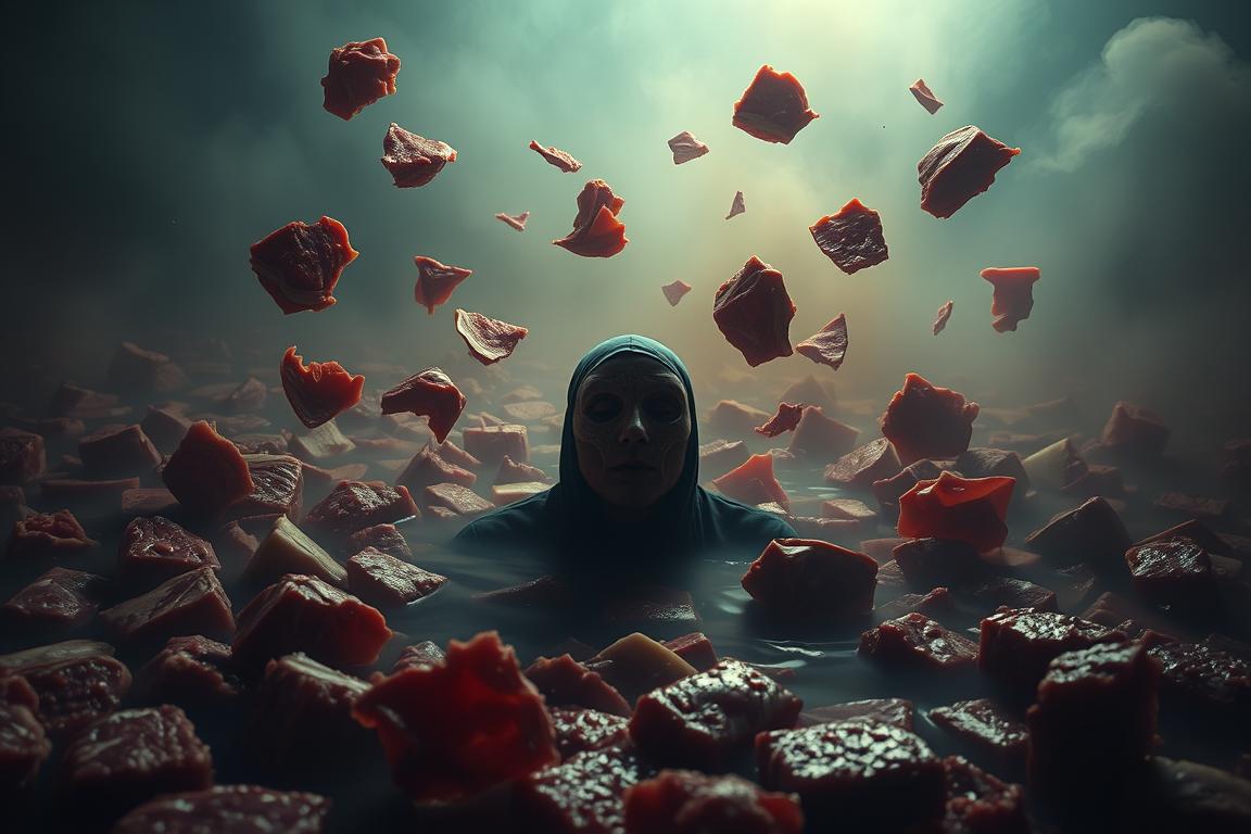 A surreal, dreamlike interpretation of the psychological meaning of dreams about meat. In the foreground, a shadowy, distorted human figure emerges from a sea of raw meat, their face obscured by an abstract mask. In the middle ground, ghostly fragments of meat float and swirl, creating a sense of disorientation and unease. The background is shrouded in a hazy, ethereal glow, suggesting a liminal, subconscious realm. The lighting is moody and atmospheric, with dramatic chiaroscuro effects. The overall mood is one of psychological depth, mystery, and the intangible nature of dreams.