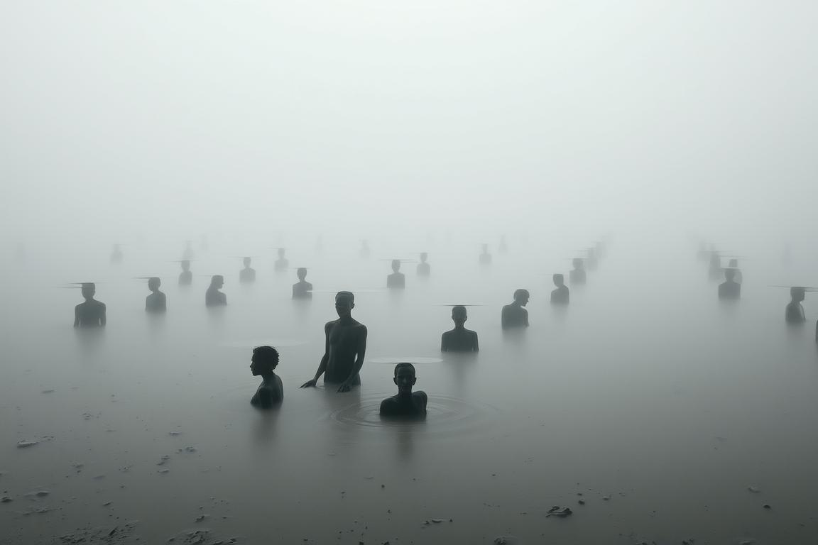 A surreal, dreamlike scene of recurring patterns emerging from murky, polluted waters. In the foreground, distorted shapes and figures appear to rise from the opaque, sludge-like surface, their forms blending and dissolving. The middle ground is shrouded in a hazy, atmospheric mist, obscuring the depths below. In the background, a sense of unease and unnatural calm pervades, as the waters stretch out endlessly, their surface interrupted by the occasional swirl or ripple. Soft, muted lighting casts an eerie glow, amplifying the unsettling, otherworldly ambiance. The composition is balanced, with a strong sense of depth and a focus on the unsettling, recurring patterns emerging from the dirty, polluted waters.