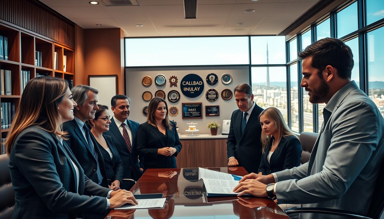 An elegant, contemporary law office with large windows, wooden accents, and a clean, professional aesthetic. In the foreground, a team of attentive personal injury lawyers discussing case details with a client, their expressions conveying empathy and determination. The middle ground features a wall display showcasing awards and accolades, instilling a sense of trust and expertise. The background depicts a panoramic view of the vibrant Carlsbad cityscape, hinting at the firm's deep roots in the community. Warm, natural lighting filters through the space, creating a welcoming, inviting atmosphere. The overall composition suggests a well-oiled legal machine dedicated to delivering exceptional results for its clients.
