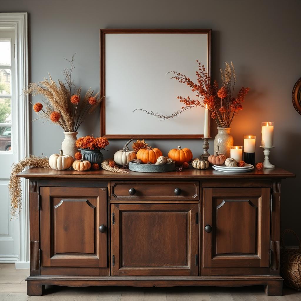 Sideboard mit saisonaler Herbstdekoration