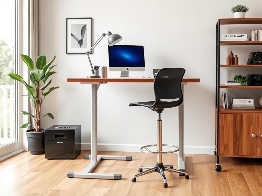 Kreative Nutzung von Barhockern im Home Office an einem höhenverstellbaren Schreibtisch