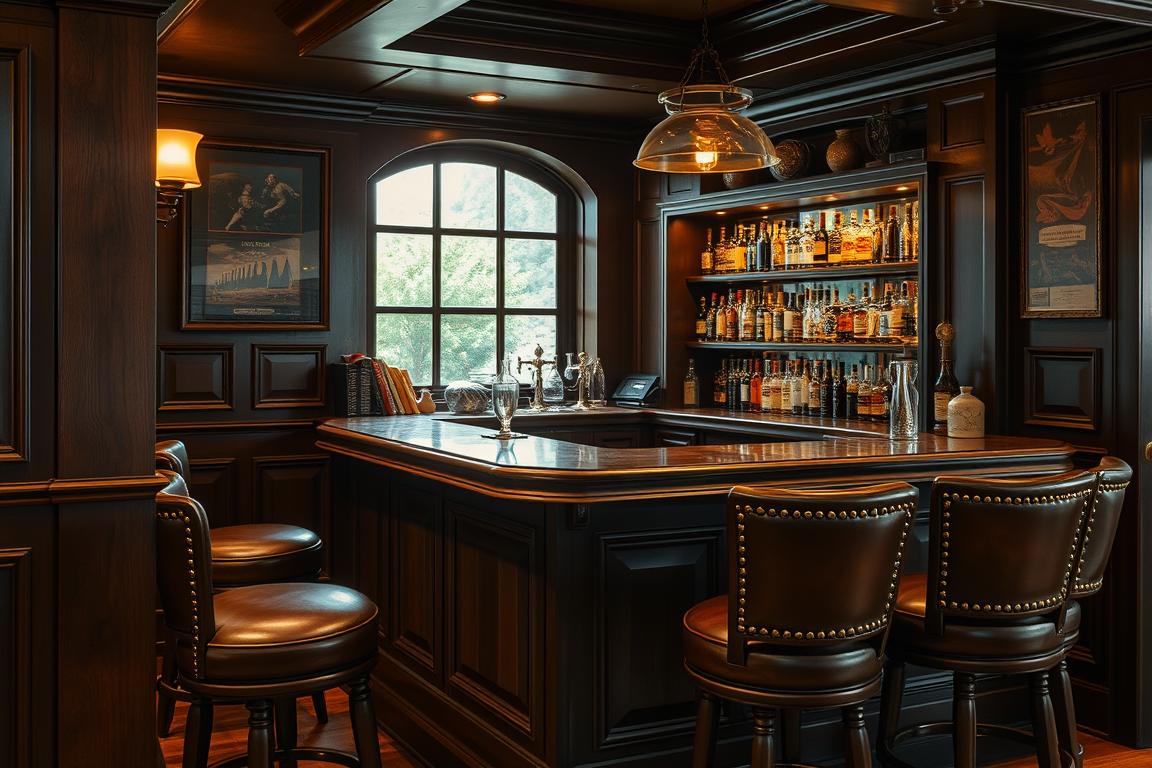 Gemütliche Hausbar-Ecke im Vintage-Stil mit Lederbarhockern und dunklem Holz