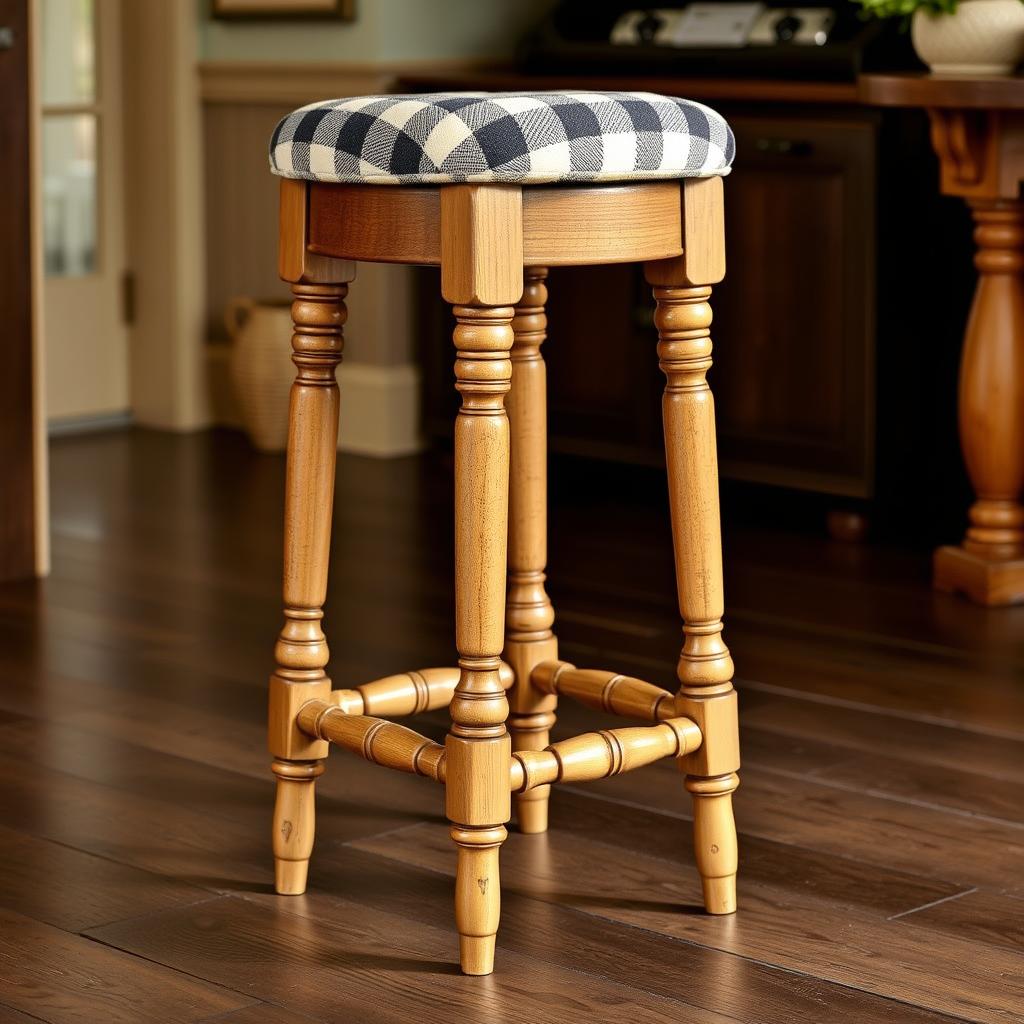 Rustikaler Barhocker im Landhausstil mit gedrechselten Holzbeinen und gepolsterter Sitzfläche
