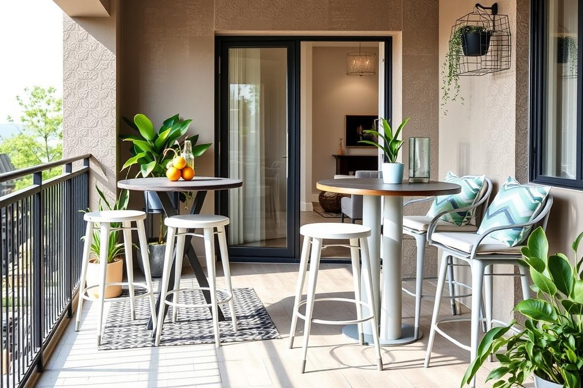 Balkon mit wetterfesten Barhockern an einem hohen Tisch mit Blick ins Grüne