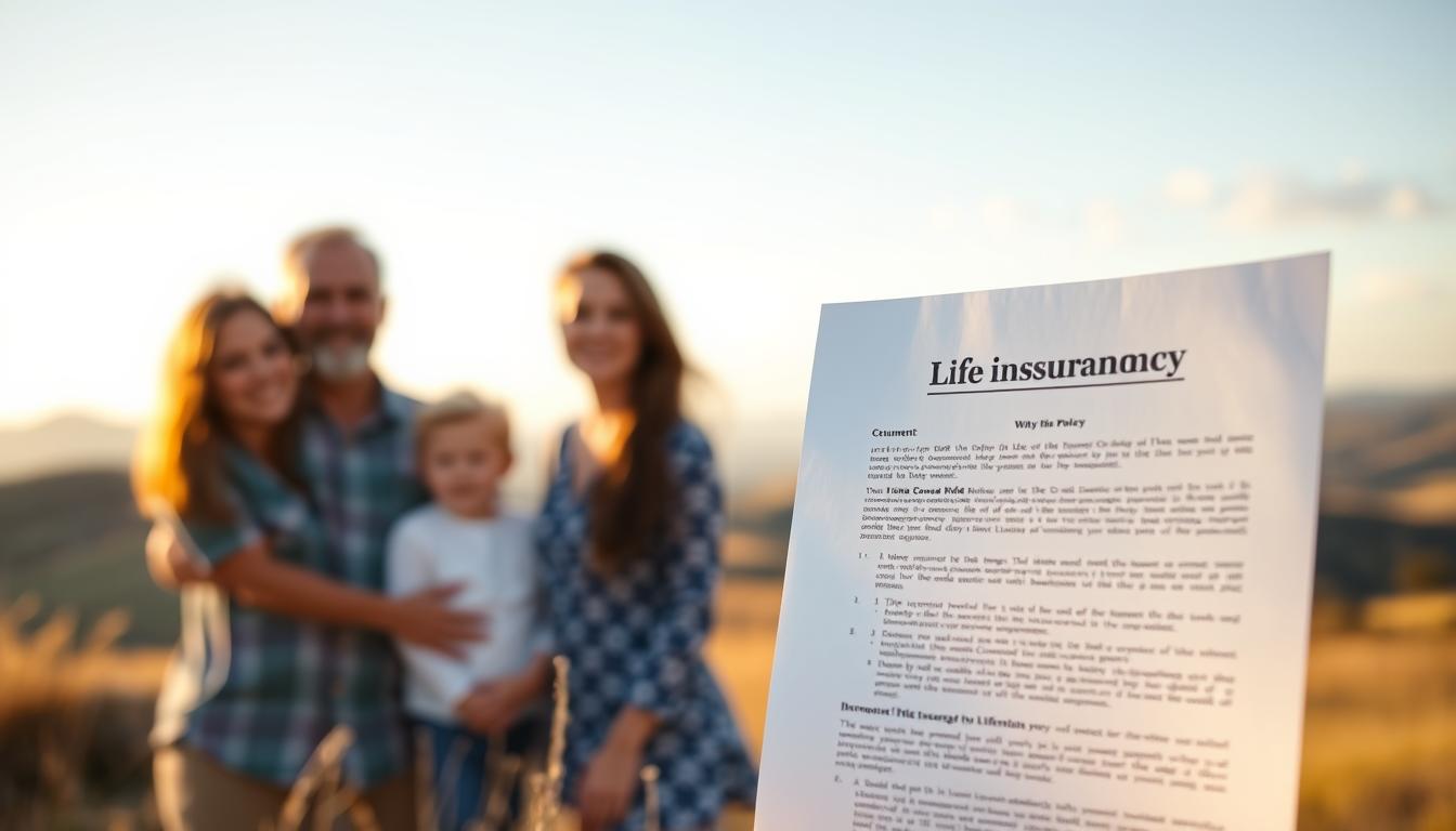 A serene, airy scene showcasing the essence of life insurance coverage. In the foreground, a warm, glowing family portrait, captured through a soft, shallow depth of field. The middle ground features a meticulously designed insurance policy document, its details legible yet unobtrusive. In the background, a tranquil landscape with rolling hills and a calming sky, bathed in golden hour light. The overall composition conveys a sense of security, protection, and the importance of preparing for the future. Lighting is natural and directional, casting subtle shadows that add depth and dimension. The angle is slightly elevated, allowing the viewer to take in the scene's harmonious elements.