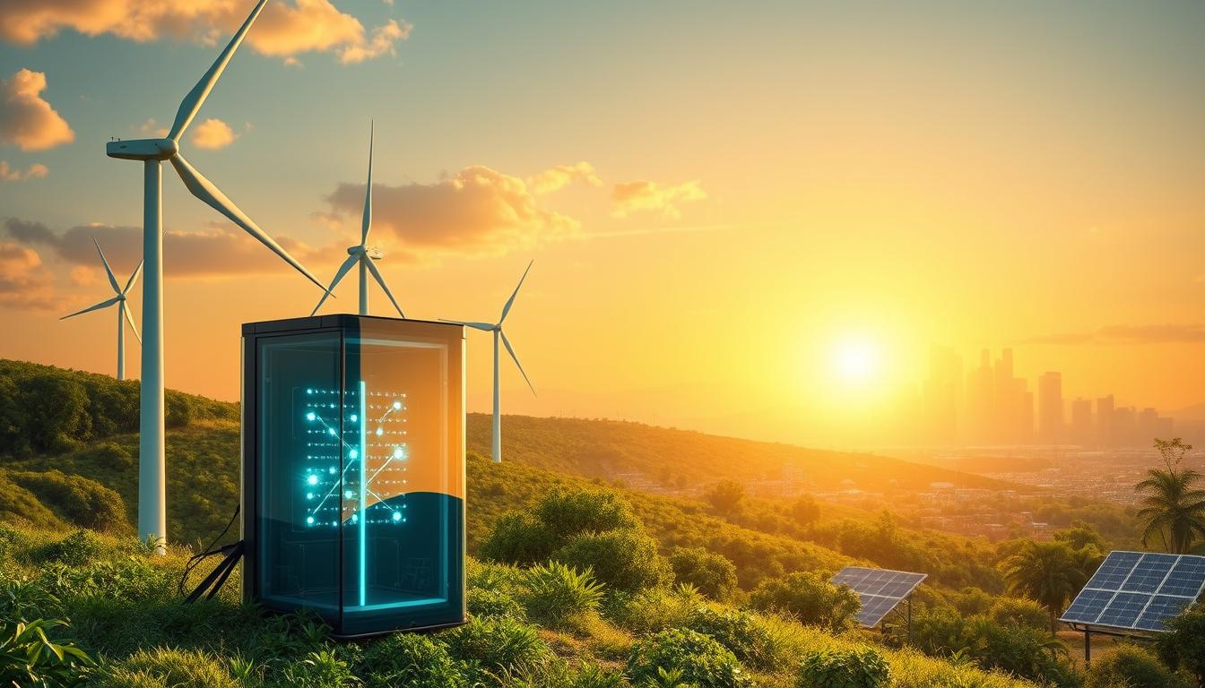 A lush, verdant landscape with towering wind turbines gently spinning in the breeze, their blades catching the golden rays of the sun. In the foreground, a sleek, futuristic blockchain node encased in a transparent, eco-friendly housing, its soft blue lights pulsing in harmony with the renewable energy powering it. In the distance, a bustling city skyline, its skyscrapers adorned with solar panels, reflecting the progress towards a sustainable, decentralized future. The scene is bathed in a warm, serene glow, conveying a sense of balance and harmony between technology and nature.