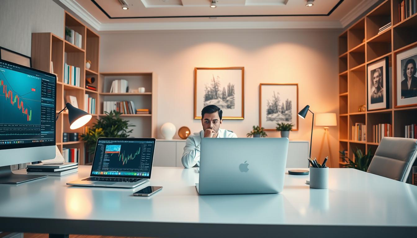 A well-lit, wide-angle view of a modern office workspace, with a large desk displaying a laptop, smartphone, and financial charts on the screen. In the middle ground, a person sits thoughtfully, considering investment strategies for cryptocurrency. The background features bookshelves and framed artwork, conveying an atmosphere of informed financial expertise. Soft, warm lighting creates a contemplative mood, while the overall composition suggests a sense of balance and careful planning in the world of cryptocurrency investment.