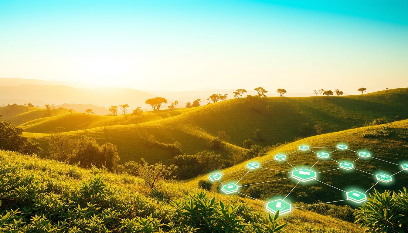 A serene landscape with a lush, verdant background of rolling hills dotted with thriving trees and plants. In the foreground, a futuristic blockchain node, its sleek design seamlessly integrated into the natural environment. The node emits a soft, ambient glow, symbolizing the eco-friendly nature of this innovative technology. The middle ground features a network of interconnected blockchain nodes, their glowing interfaces creating a dynamic interplay of light and shadow. Warm, diffused sunlight filters through the scene, creating a sense of harmony and balance between technology and nature. The overall mood is one of optimism, showcasing the promise of eco-friendly blockchain solutions that power a sustainable future.