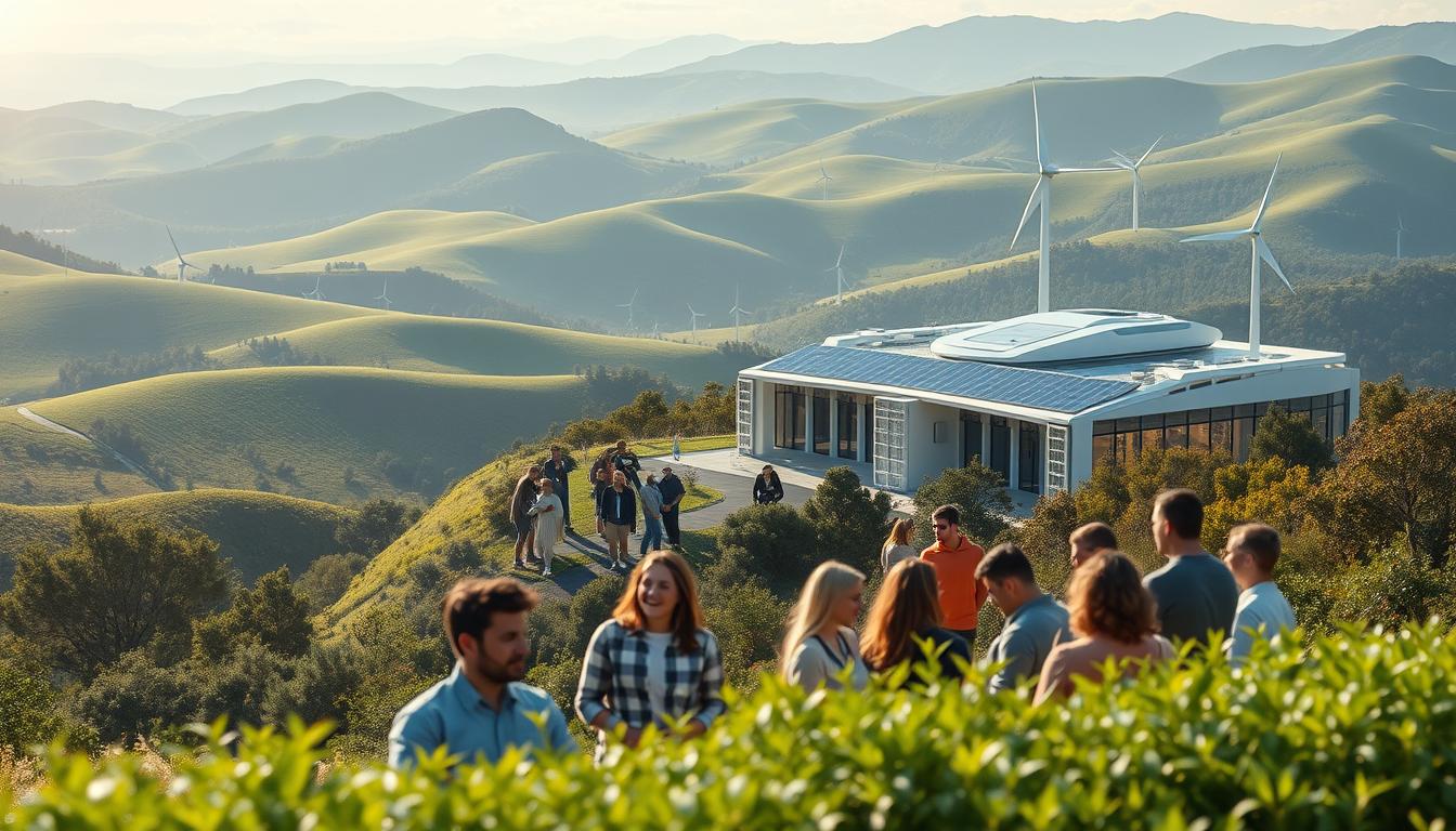 A serene, sun-dappled landscape with lush greenery and a futuristic, energy-efficient blockchain data center nestled amidst rolling hills. The center's sleek, minimalist architecture is adorned with solar panels and wind turbines, harnessing renewable energy sources. In the foreground, a diverse group of people - entrepreneurs, engineers, and community members - collaborate on sustainable blockchain applications, their faces illuminated by the warm glow of holographic displays. The scene conveys a harmonious fusion of technology and nature, highlighting the business potential of eco-friendly blockchain adoption.