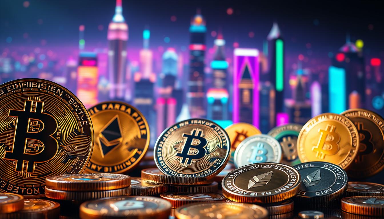 A visually striking image of the most popular cryptocurrencies, captured in a dynamic and contemporary style. In the foreground, prominent digital coins like Bitcoin, Ethereum, and Litecoin are displayed in a glossy, metallic finish, each with intricate textural details. The midground features a vibrant array of other major cryptocurrencies, their logos and symbols forming a cohesive, abstract pattern. The background showcases a futuristic, neon-tinged cityscape, evoking the cutting-edge technology and global reach of the crypto market. Dramatic lighting casts dramatic shadows, creating depth and dimension. The overall composition conveys a sense of excitement, innovation, and the vast potential of the cryptocurrency landscape.