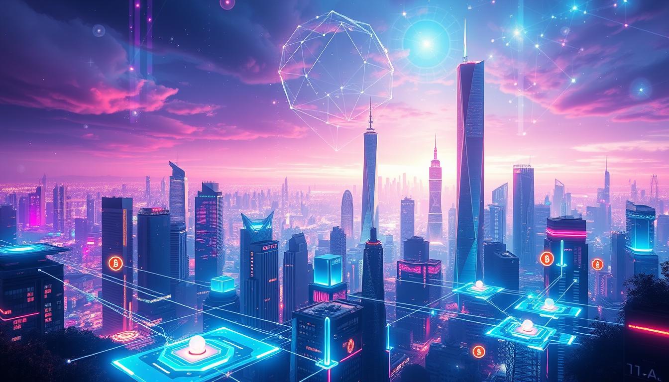 A futuristic cityscape bathed in a vibrant, neon-tinged glow. Sleek, towering skyscrapers reach towards a boundless, holographic sky. In the foreground, a network of transparent digital interfaces and floating cryptocurrency tokens cascade across the landscape, intertwining with the organic architecture. The scene is suffused with a sense of technological wonder and the limitless potential of blockchain innovation. The image should convey a captivating, immersive vision of the cryptocurrency-driven urban environment of tomorrow.