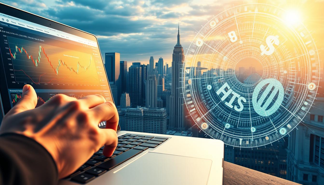 A detailed illustration of cryptocurrency trading basics. In the foreground, a person's hand interacting with a digital trading platform on a laptop screen, showcasing various charts, graphs, and financial data. In the middle ground, a cityscape with skyscrapers and financial landmarks, bathed in a warm, golden light. In the background, a swirling, abstract visualization of cryptocurrency blockchain technology, with digital currency symbols and code fragments. The overall scene conveys a sense of financial sophistication, technological innovation, and the dynamic nature of the cryptocurrency trading landscape. Captured with a wide-angle lens to provide a comprehensive, cinematic perspective.
