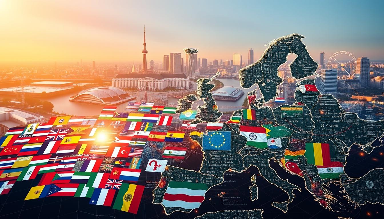 A panoramic view of the European continent, with its diverse nations united in a complex regulatory landscape for cryptocurrencies. In the foreground, a mosaic of national flags representing the countries within the European Union, each with their own unique approach to crypto policies. In the middle ground, a series of holographic displays showcasing the intricate web of regulations, guidelines, and frameworks that govern the digital asset ecosystem. In the background, a futuristic skyline of modern European cities, their iconic landmarks shrouded in an ethereal, tech-infused atmosphere. The scene is illuminated by a warm, golden light, casting a sense of determination and forward-thinking innovation across the canvas.