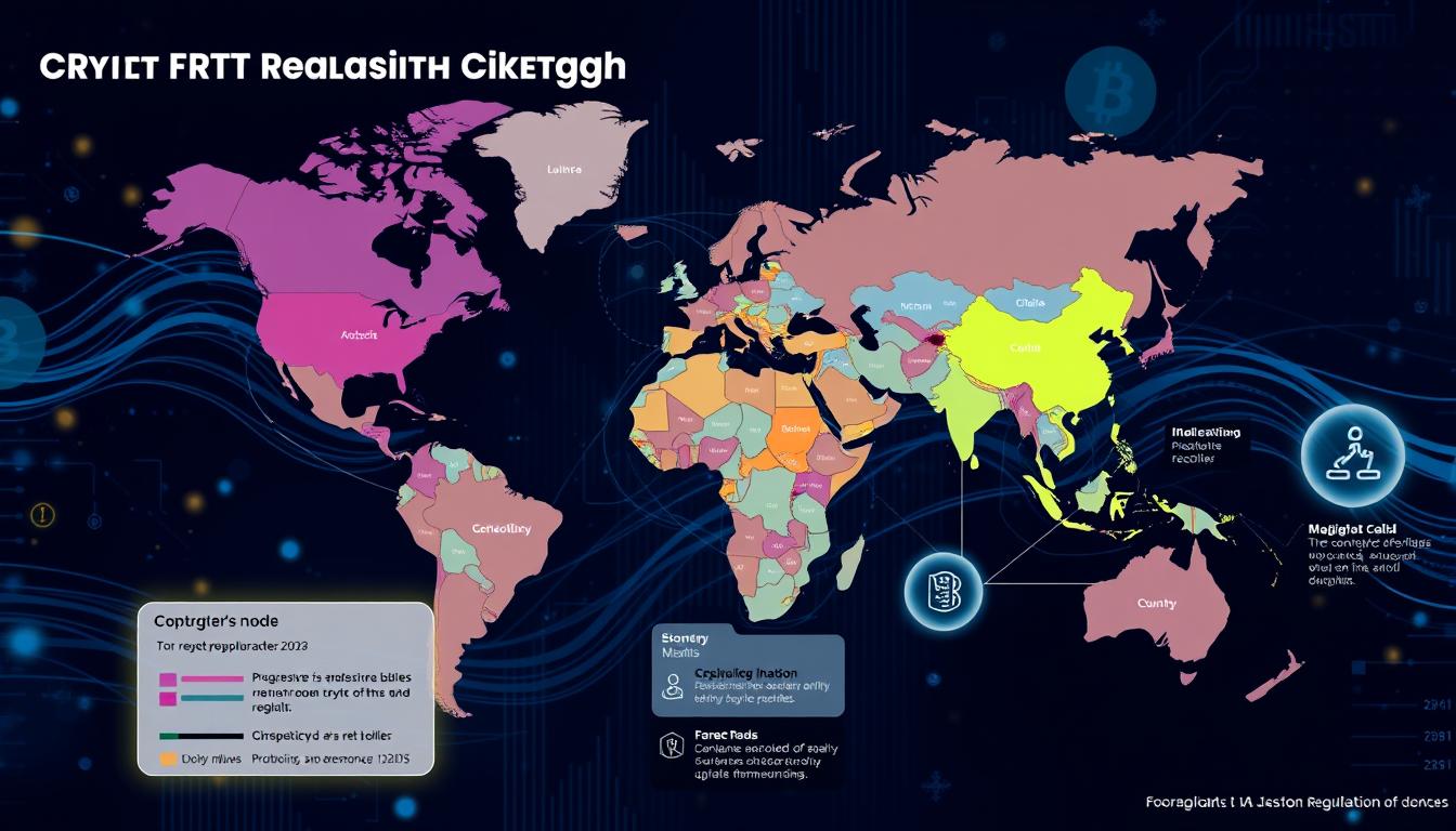 A detailed global map depicting the crypto regulatory landscape, with each country color-coded to represent its predominant regulatory approach - from progressive and enabling to restrictive and prohibitive. The map is set against a background of flowing data streams, digital currency symbols, and blockchain-inspired geometric patterns, creating a sense of technological dynamism and interconnectedness. The foreground features holographic icons and information panels highlighting key regulatory trends, policy debates, and legal frameworks across major economies, presented in a clean, infographic-style layout. The overall mood is one of analytical clarity, conveying the complexity and diversity of crypto regulations worldwide.