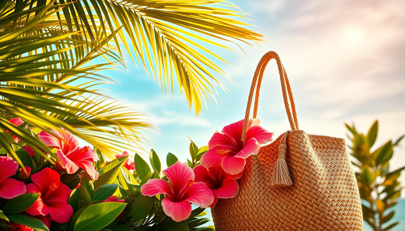 A vibrant summer color palette, bathed in warm golden light. In the foreground, a harmonious arrangement of lush tropical foliage - verdant palm fronds, blooming hibiscus flowers in shades of pink and red. The middle ground features a stylish woven beach bag, its tasseled handles and earthy tones complementing the natural elements. In the background, a serene azure sky with wispy clouds, hinting at the carefree, breezy atmosphere of a perfect summer day. The overall mood is one of relaxation, joy, and a celebration of the season's vibrant hues.