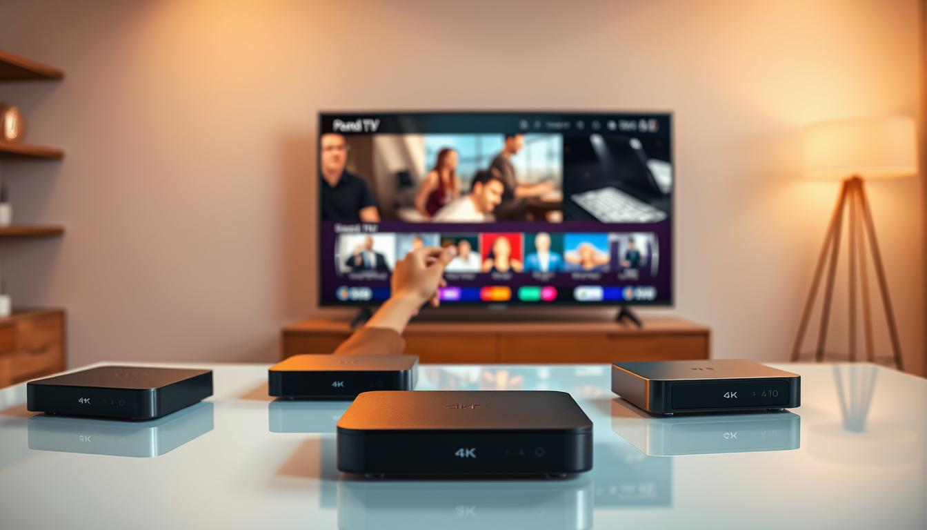A well-lit, high-resolution studio scene showcasing IPTV smart players in action. In the foreground, several modern streaming devices with sleek, minimalist designs sit atop a clean, reflective surface. The middle ground features users interacting with the devices, their hands demonstrating the intuitive user interfaces and seamless navigation. The background depicts a 4K television displaying a vibrant, crystal-clear live TV feed, highlighting the superior video quality and streaming capabilities of the IPTV smart players. Warm, indirect lighting bathes the scene, creating a sense of sophistication and technological prowess. The overall atmosphere conveys the seamless, effortless experience of using IPTV smart players for optimal home entertainment.