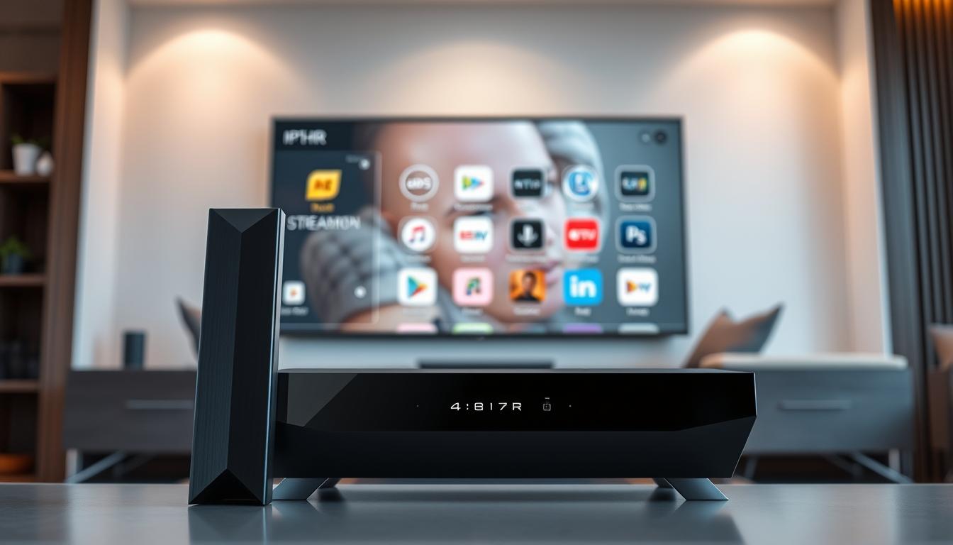 A sleek and modern IPTV smart player standing in the foreground, with a clean and minimalist design featuring a sharp, angular body and high-quality materials like brushed metal and tempered glass. In the middle ground, a clear and detailed user interface showcases the player's advanced features such as 4K/HDR streaming, voice control, and seamless app integration. The background features a subtle, out-of-focus living room setting, conveying a sense of the player's intended home environment and the seamless integration with a modern home entertainment system.