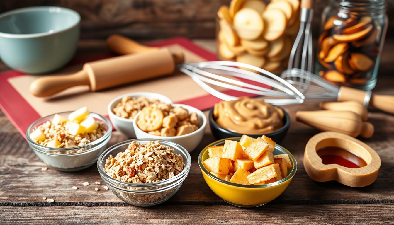 Vibrant and detailed image of a variety of healthy dog treat ingredients and preparation tools, arranged on a rustic wooden surface. In the foreground, an assortment of chopped apples, oats, peanut butter, and honey, all in small bowls. In the middle ground, a rolling pin, a silicone baking mat, and a dog-safe cookie cutter. In the background, a vintage mixing bowl, a wire whisk, and a glass jar filled with dried apple slices. The lighting is soft and natural, creating a warm, inviting atmosphere. The composition is balanced and visually appealing, showcasing the key elements needed to prepare the "Easy Apple Crisp Dog Treats".