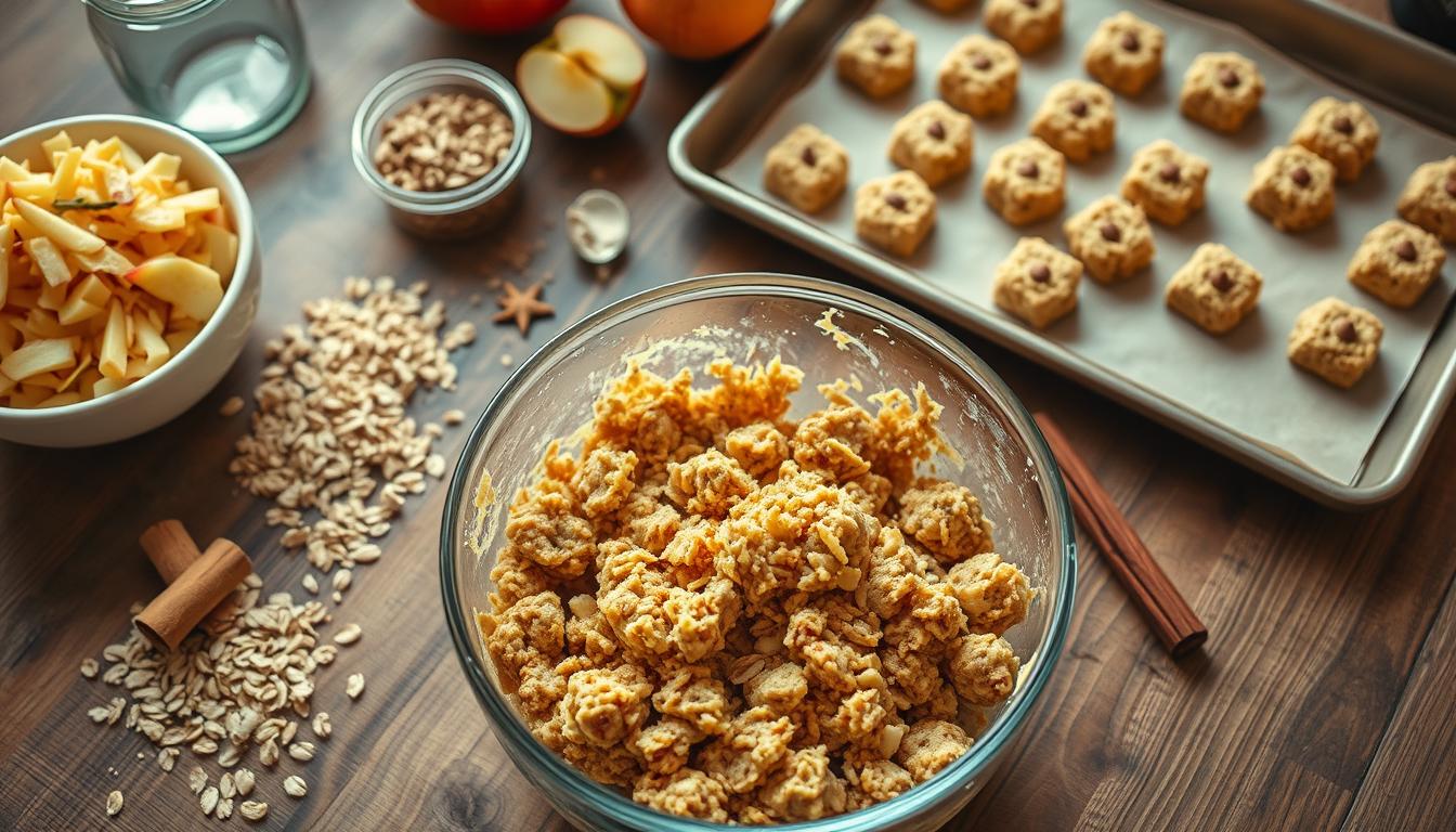 A beautifully lit overhead shot of a rustic wooden table, showcasing the step-by-step process of making homemade apple crisp dog treats. In the foreground, a mixing bowl filled with a golden apple-oat mixture, surrounded by neatly arranged ingredients like freshly grated apples, rolled oats, and a sprinkle of cinnamon. In the middle ground, a baking sheet with perfectly portioned dog treat dough, ready to be baked. The background features a soft, blurred kitchen setting, with natural light filtering in through a window, creating a warm, inviting atmosphere. The overall composition emphasizes the simplicity and wholesomeness of the recipe, perfect for illustrating an article on easy, healthy dog treats.