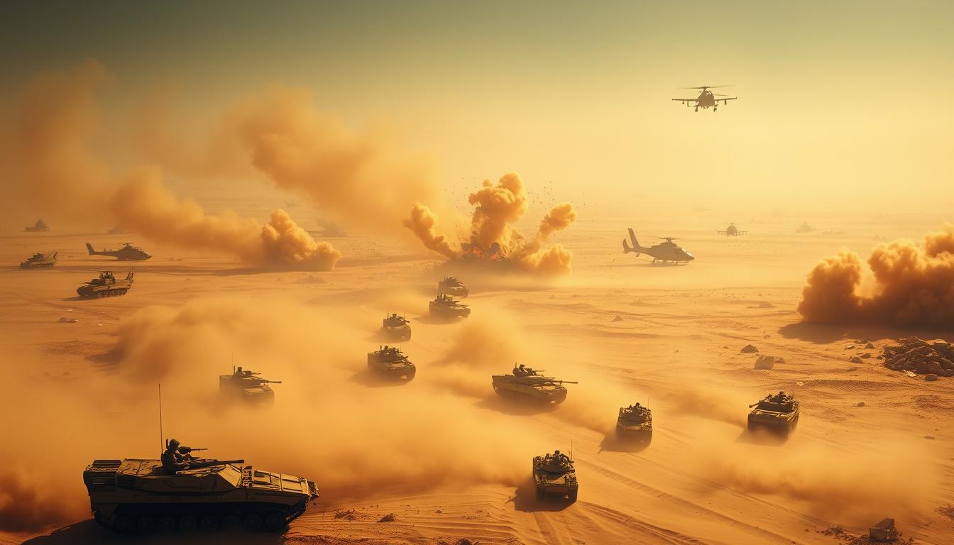 A sweeping aerial view of a desert battlefield during a fierce sandstorm. In the foreground, armored vehicles and troops advance cautiously, their movements obscured by billowing clouds of sand. The middle ground is a chaotic scene of explosions, artillery fire, and the clash of mechanized forces. In the background, the silhouettes of fighter jets and attack helicopters pierce the hazy skies, providing tactical air support. The lighting is harsh and dramatic, casting deep shadows and highlights that accentuate the rugged terrain and the grim determination of the combatants. The overall atmosphere conveys the intensity, chaos, and uncertainty of desert warfare.