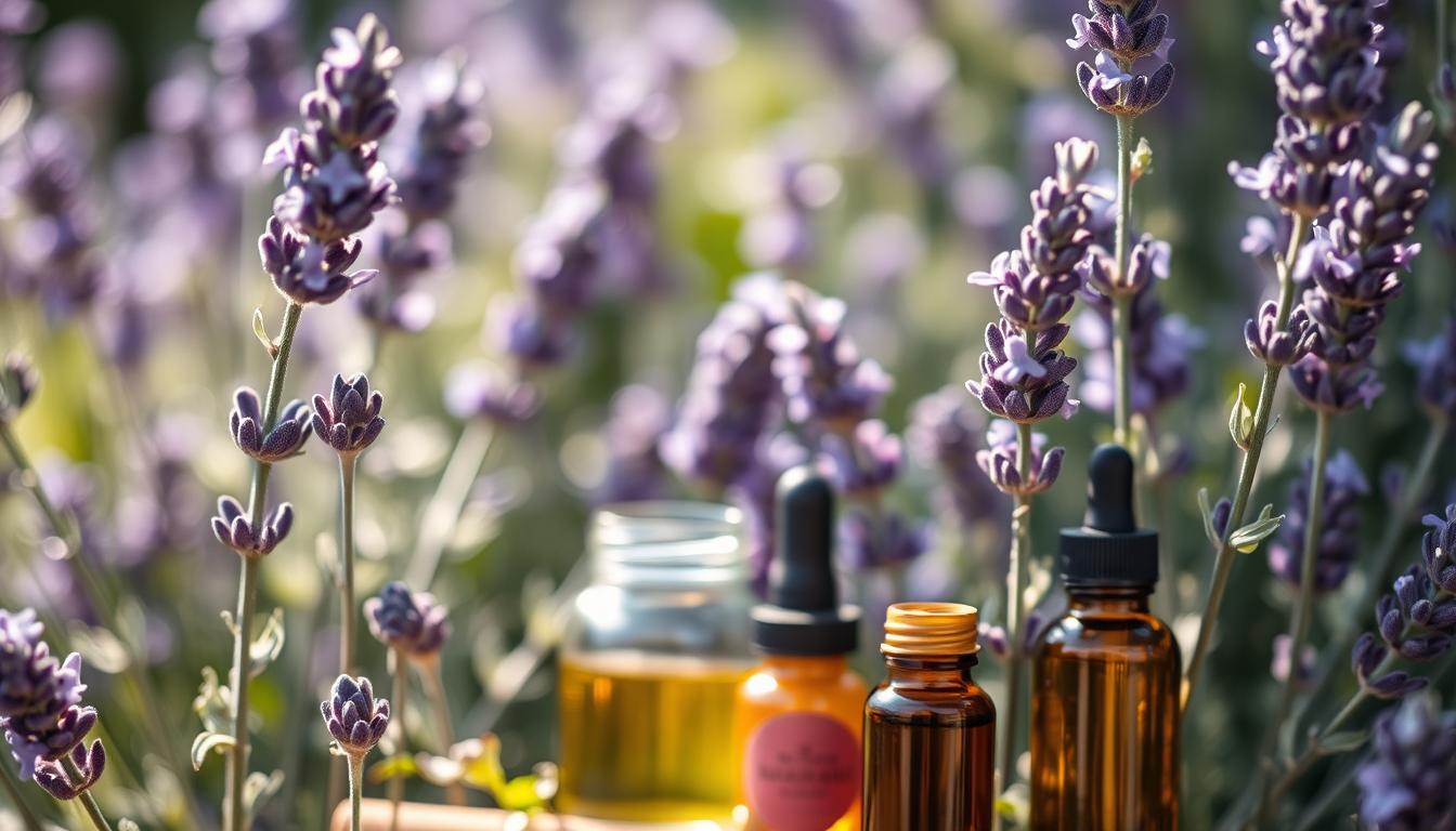 Organic Medicinal Herbs For Beginners 3 Lavender medicinal herb benefits: A close-up shot of a lavender plant in full bloom, its delicate purple flowers glistening under soft, natural lighting. The leaves and stems are rendered in intricate detail, showcasing the plant's distinctive silvery-green hues. In the middle ground, jars and bottles filled with lavender essential oil and other lavender-based remedies are arranged neatly, hinting at the herb's diverse healing properties. The background is blurred, creating a serene, calming atmosphere that reflects the soothing nature of this versatile medicinal plant.