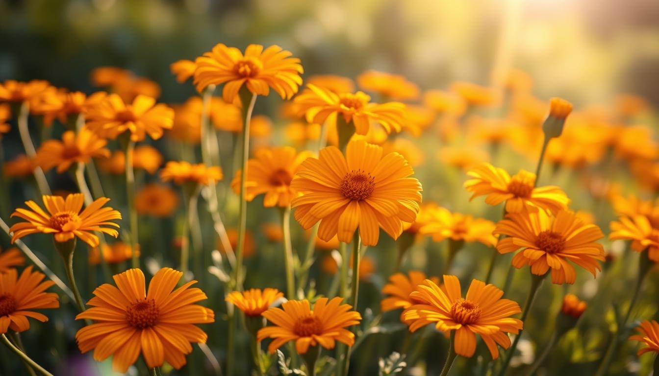 Organic Medicinal Herbs For Beginners 4 A vibrant field of Calendula flowers in full bloom, their radiant orange petals swaying gently in the soft, warm breeze. The blooms are clustered together in an organic, natural arrangement, their velvety centers beckoning closer inspection. Sunlight filters through the petals, casting a golden glow and creating a sense of gentle tranquility. The background is blurred, allowing the flowers to take center stage and showcase their skin-soothing, medicinal properties. The composition is balanced, with a sense of depth and dimensionality, inviting the viewer to imagine running their fingers through the delicate petals.