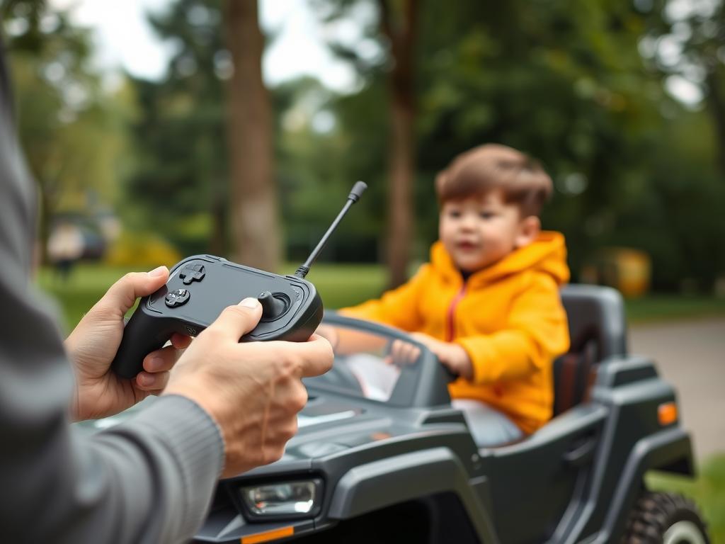 Parent using remote control for child's electric ride on car
