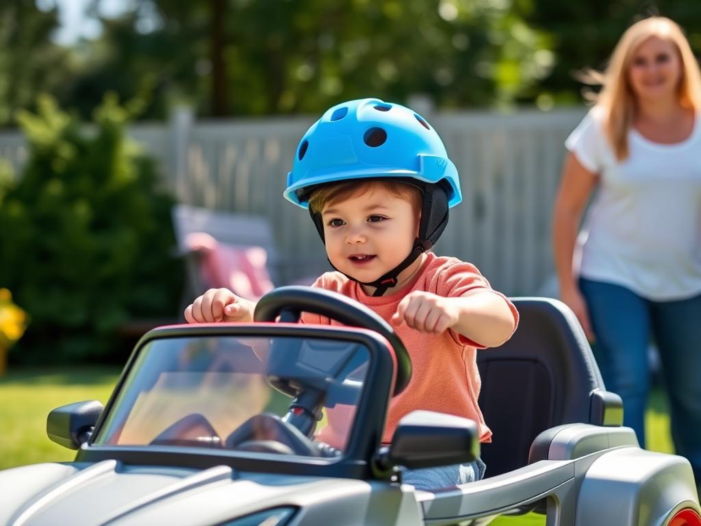 Child wearing helmet while driving electric ride on car