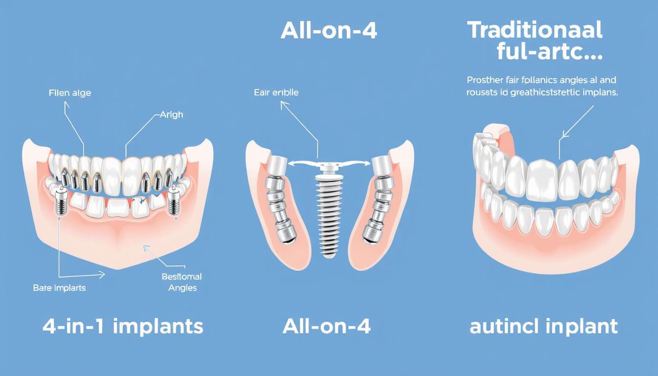 Comparison of different dental implant options showing 4-in-1, All-on-4, and traditional implants