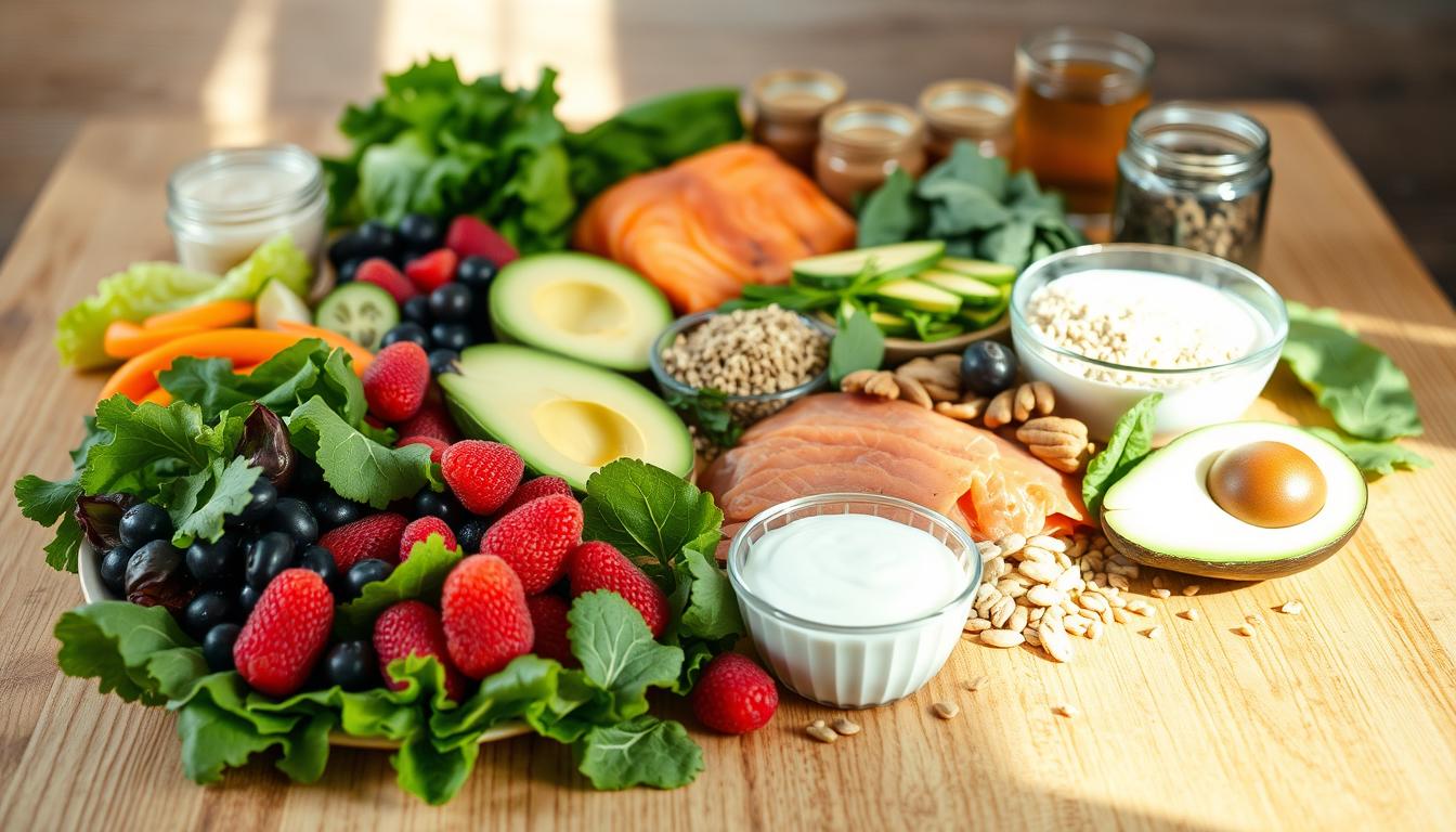 A visually appetizing assortment of nutrient-dense foods arranged on a wooden table, illuminated by soft, natural lighting. In the foreground, a selection of leafy greens, vibrant berries, and creamy avocado slices. In the middle ground, a variety of omega-rich fish, such as salmon and tuna, alongside whole grains like quinoa and brown rice. The background features a collection of probiotic-rich yogurt, crunchy nuts, and soothing herbal teas, creating a balanced and soothing scene that nourishes the body and mind during the dental implant recovery process.