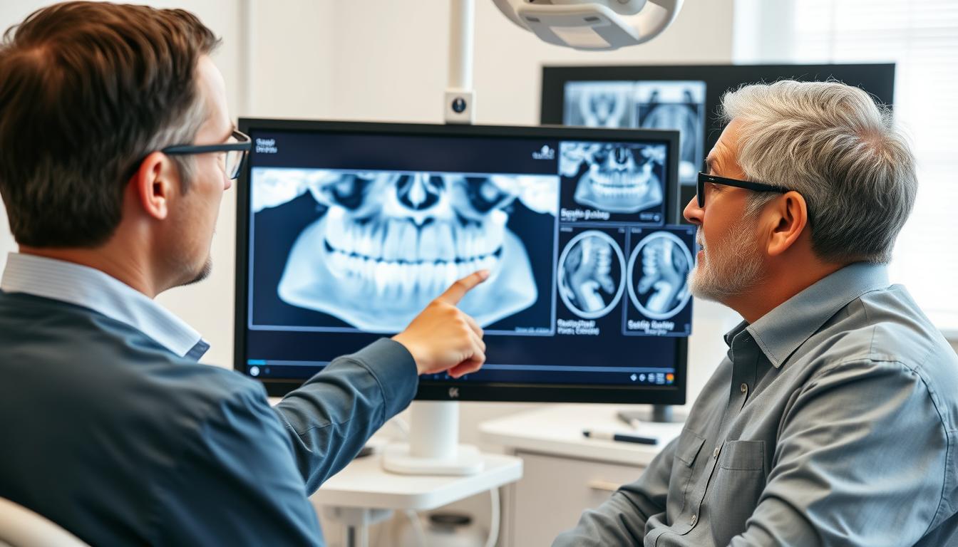 Dental professional consulting with patient about subperiosteal implants