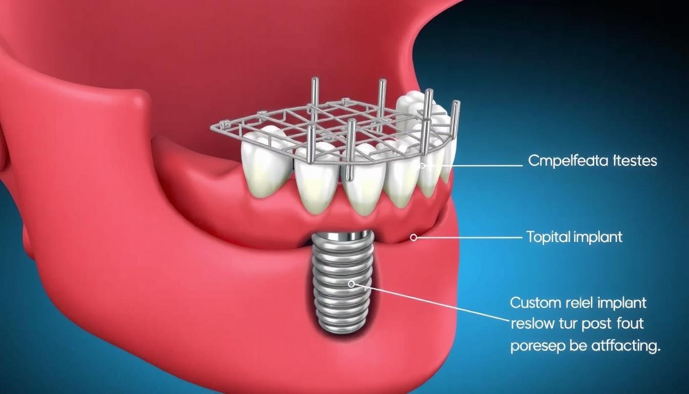 Subperiosteal implant structure showing metal framework placed on jawbone under the gum