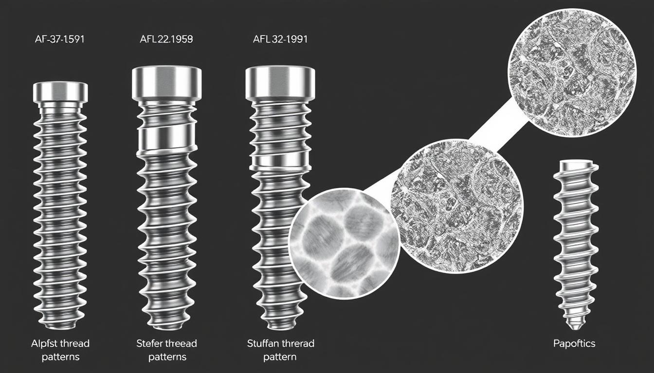 Modern pterygoid implant designs showing advancements in thread patterns and surface treatments