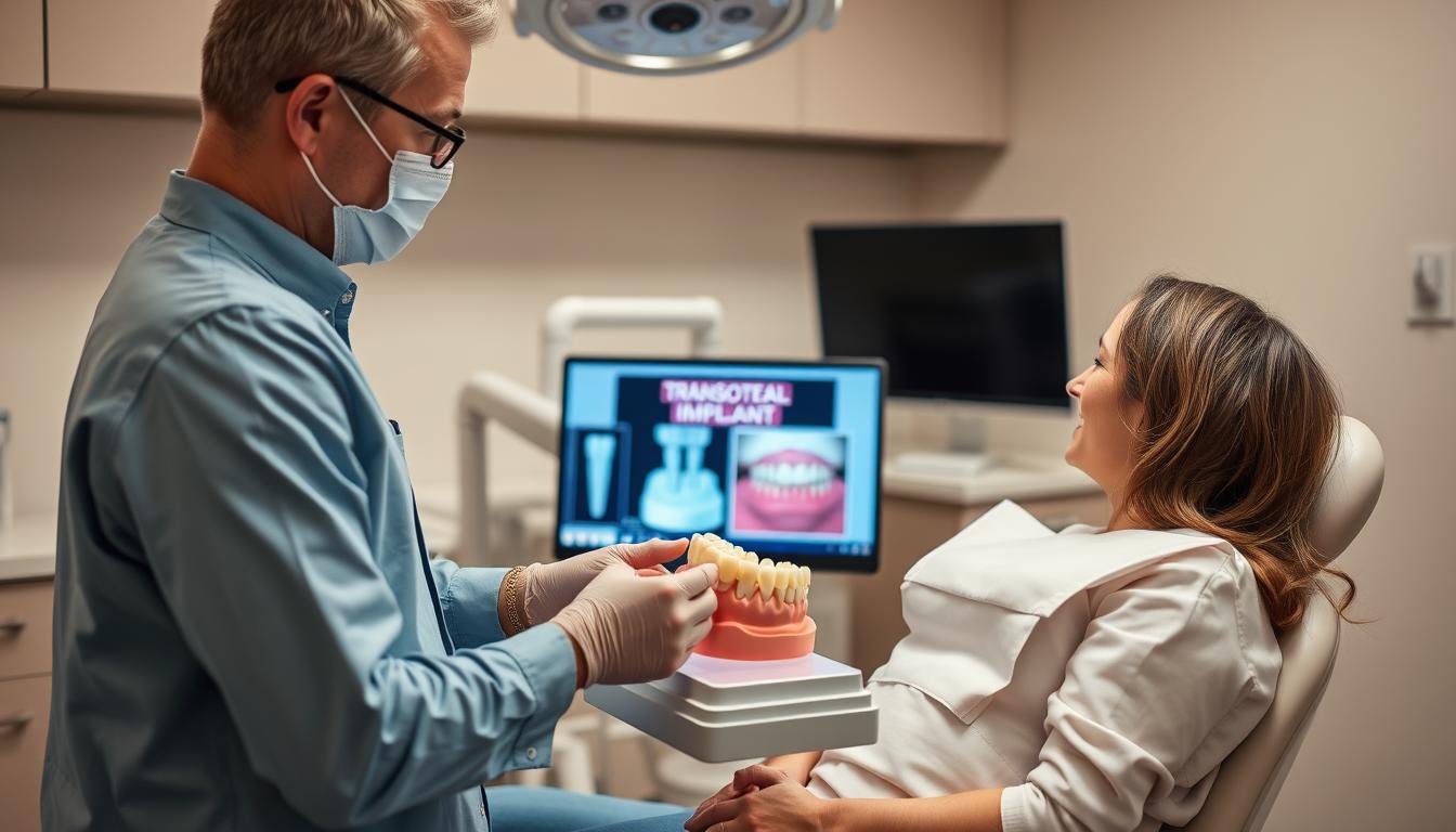 Dental specialist explaining transosteal implant procedure to patient using model