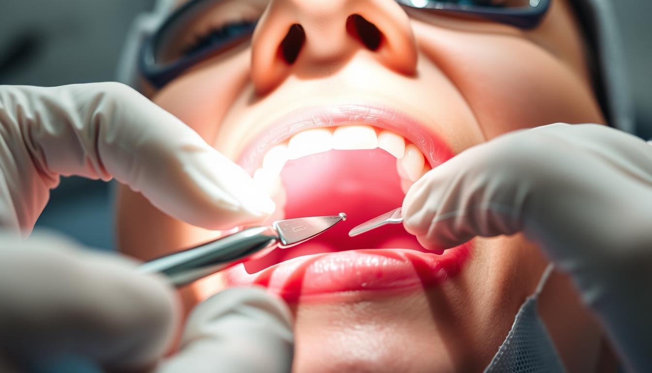 A close-up view of a dentist's hands performing a gingivectomy procedure, with the patient's mouth open and the surrounding gums clearly visible. The procedure is taking place under bright, clinical lighting, captured from an angle that showcases the dentist's precision and the delicate nature of the operation. The scene conveys a sense of medical expertise and the importance of this common dental treatment to maintain oral health.