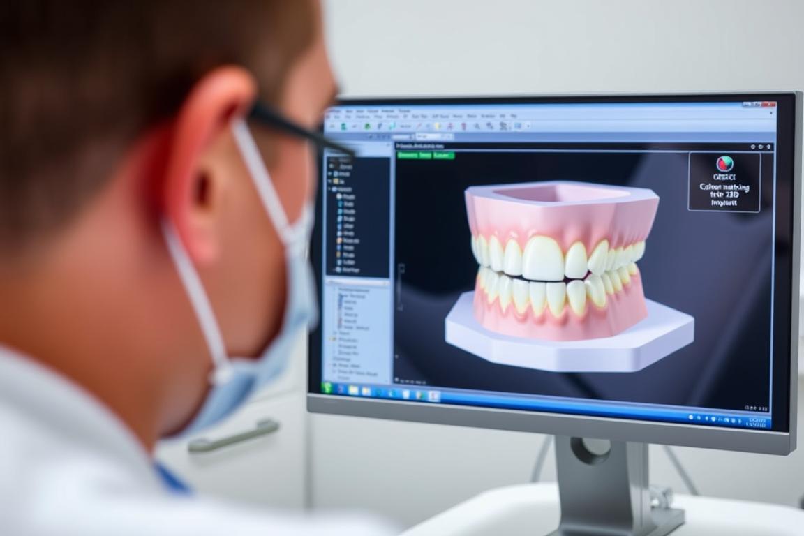Dentist designing a CEREC 3D dental implant crown on computer