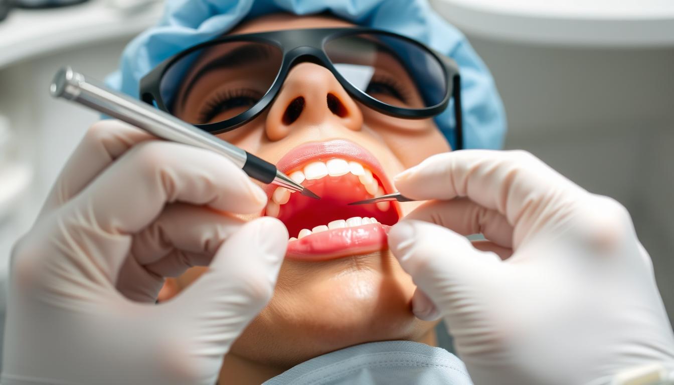 Dental professional performing crown lengthening procedure on patient